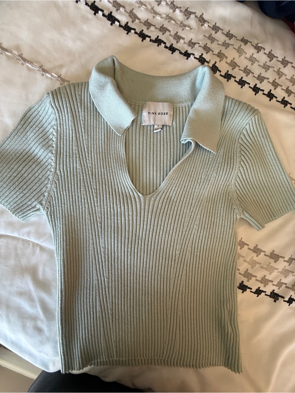Pink Rose Women's Pale Mint Ribbed V-Neck Polo Sweater